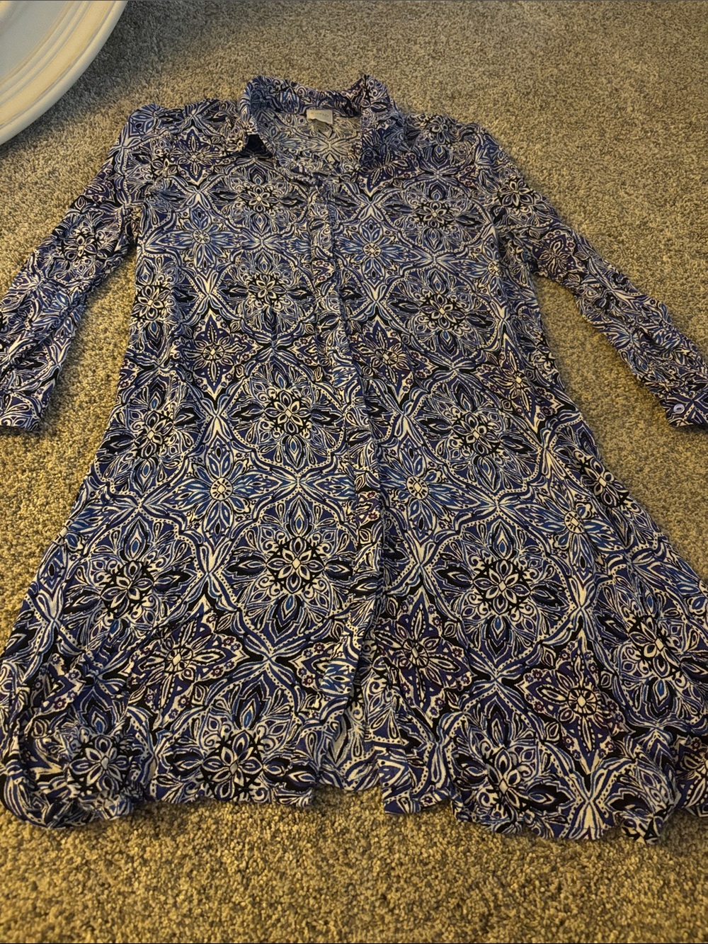 Cupio Navy and White Button-Down Patterned Tunic Shirt